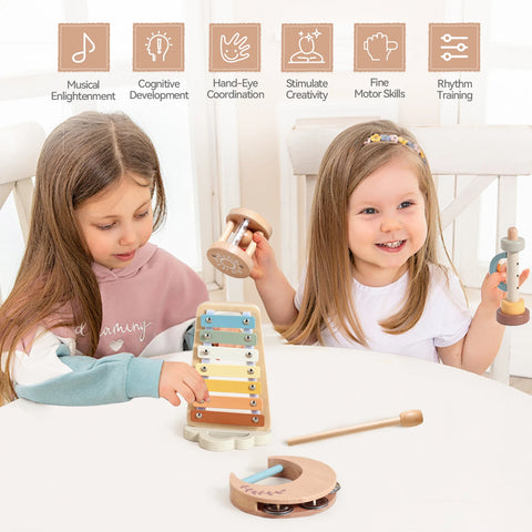 Montessori Wooden Toy Multicolor Xylophone Bell Beads Drum Column Musical Instrument Toy Kid Educational Musical Instrument Gift